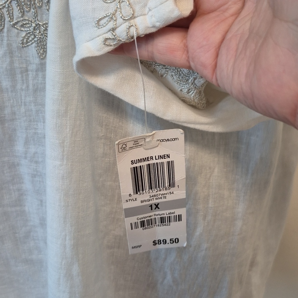 NWT Charter Club Linen Embroidered Top Women White 3/4 Sleeve Blouse 1X - Picture 13 of 15